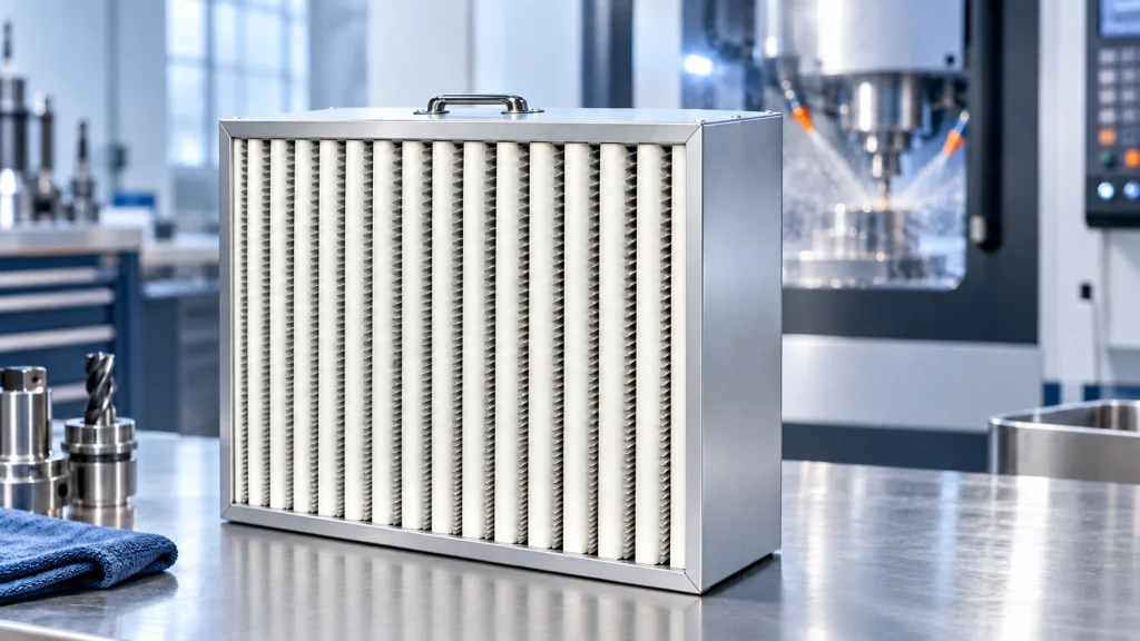 Upright metal-frame oil mist filter element on a workshop bench