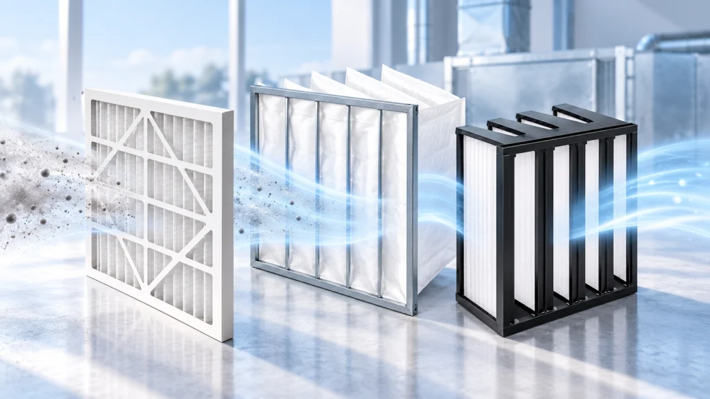 How Pre-Filters, Medium-Efficiency Filters and HEPA Filters Work Together — CINRIWA filtration illustration