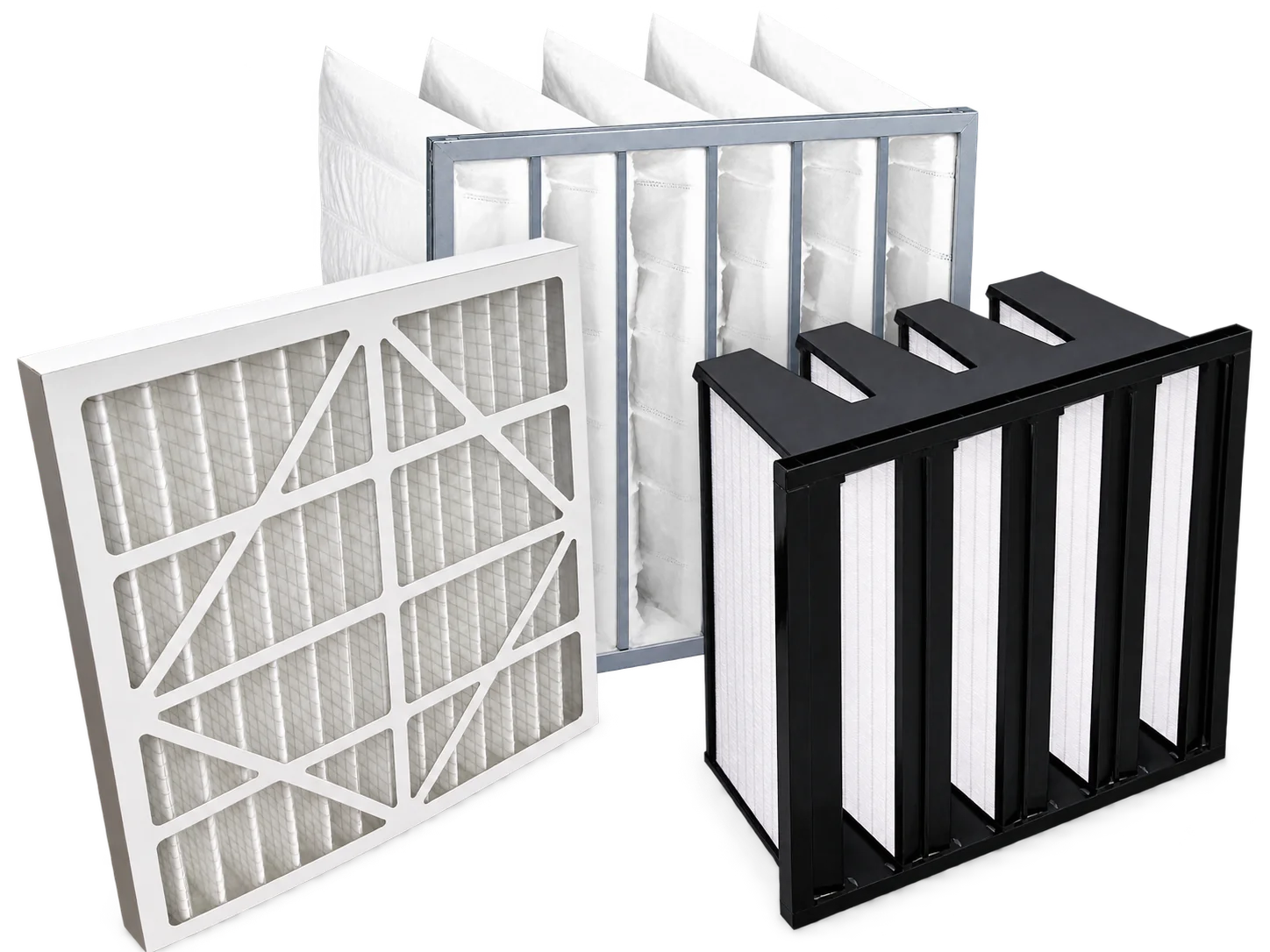 Cardboard pleated pre-filter, pocket bag filter and V-bank compact filter