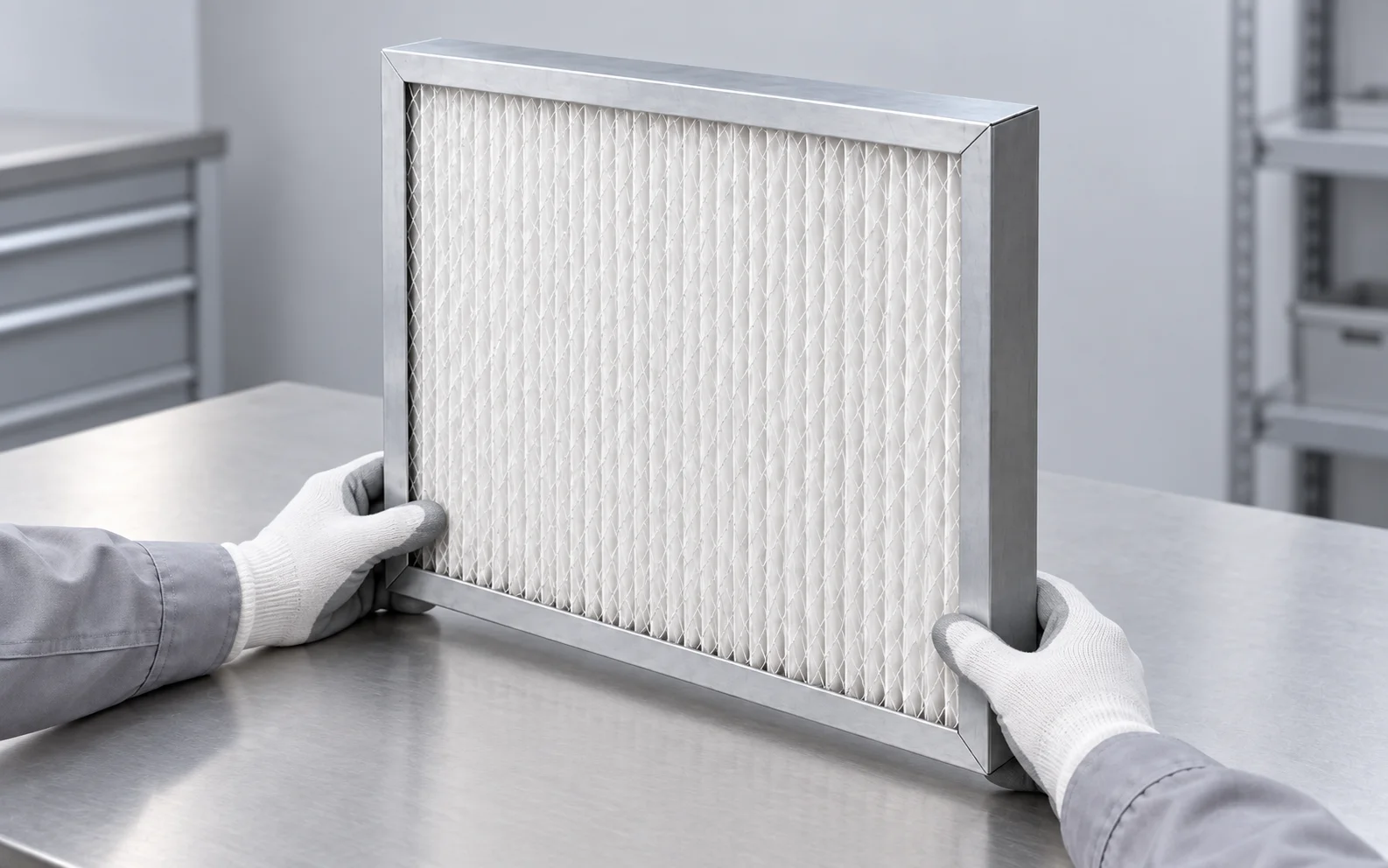 Gloved hands holding the frame of a panel air filter