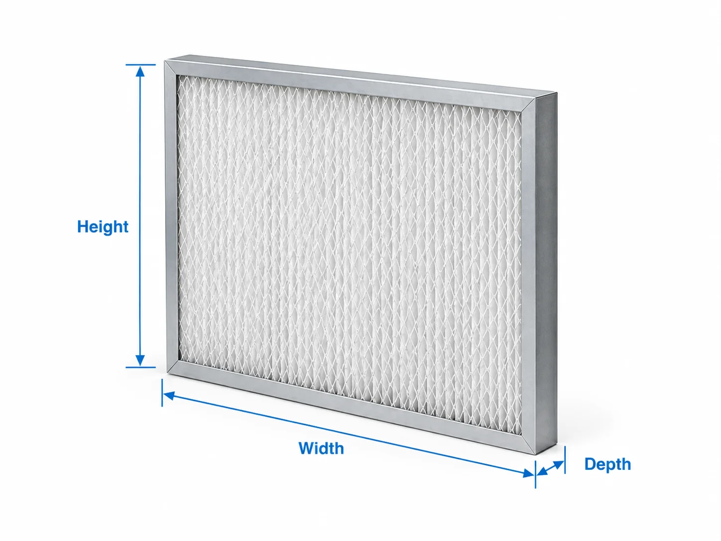 Panel air filter diagram showing width, height and depth